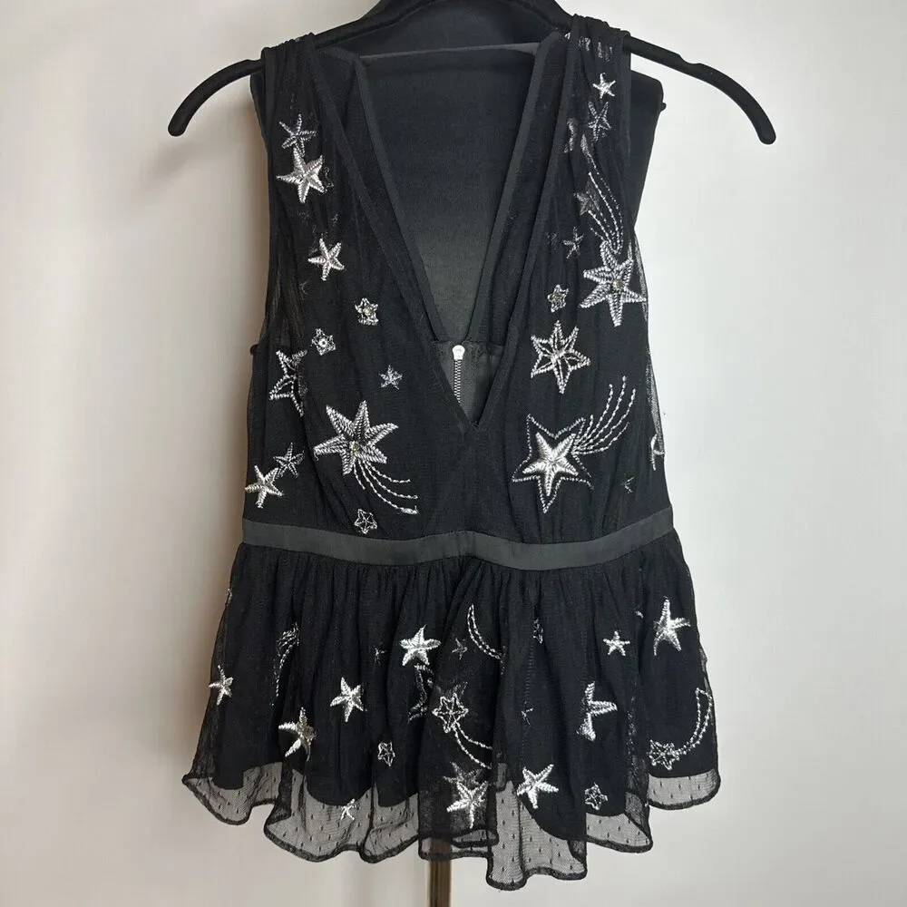 Vintage Express Embroidered Star Black Peplum VNeck Sheer Tank Rhinestones Sz 4 - Picture 13 of 13